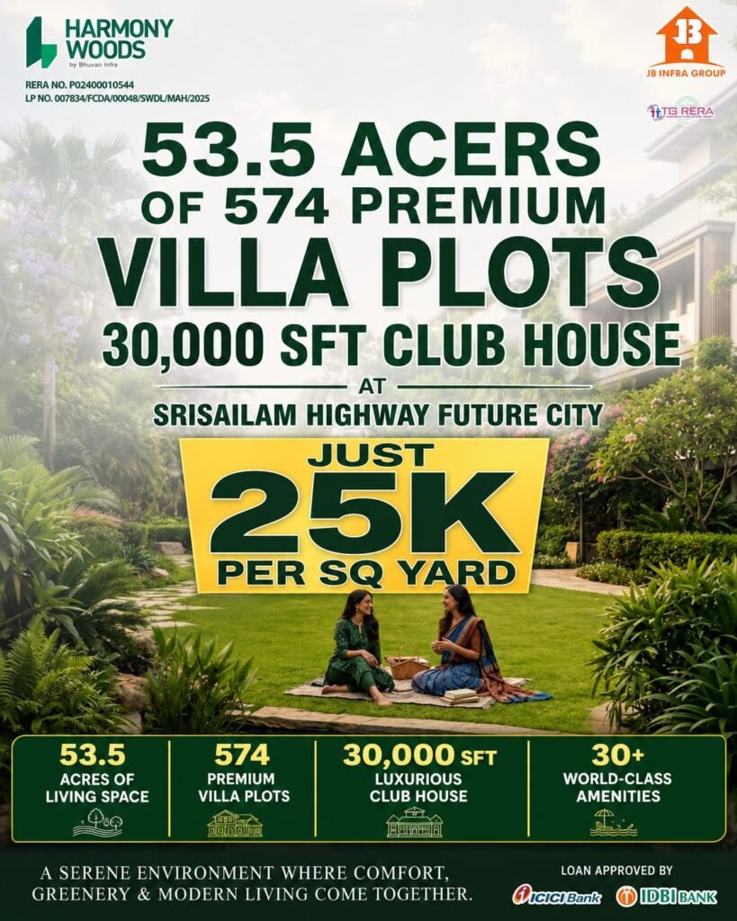 Harmoony Wood villa plots offering 53.5 acres of premium villa plots with a 30,000 sq ft clubhouse and plots starting from ₹25,000 per square yard.